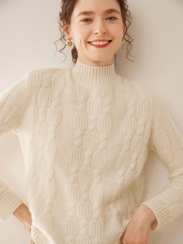 Women's Heavyweight Jacquard Cashmere Half-High Collar Long-Sleeve Sweater - Autumn/Winter Knit Pullover