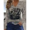 Western Retro Car Letter Graphic Print V-Neck Fall Winter Long Sleeve T-Shirt, Casual Daily Blouse Women'S Top
