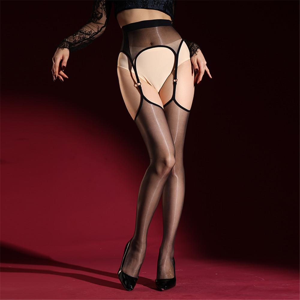 Women 1D Dot Thin Hollow Out Pantyhose Oil Glossy Shiny Open Crotch Elastic Stockings Sheer See Through Maid Dance Stockings