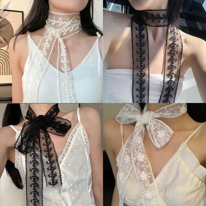 Embroidery Long Ribbon And Belt Accessories French Lace Scarf Summer Hollow Floral Long Ribbon Scarves Hair Tie Snood Headband