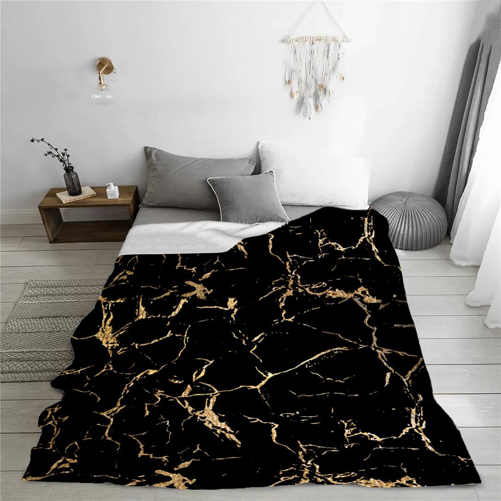 1pc Black Blanket Veined Marble Printed Luxury Comfortable Flannel Blanket for Home Living Room Bedroom Decoration Birthday Gift