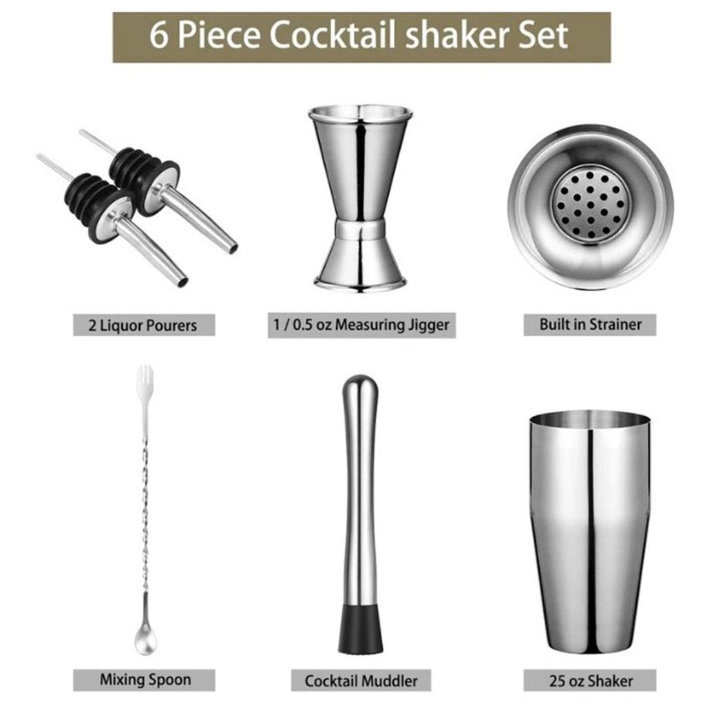 6Pcs Bartender Kit Stainless Steel Cocktail Shaker Mixing Stick Bar Tool Set for Drink