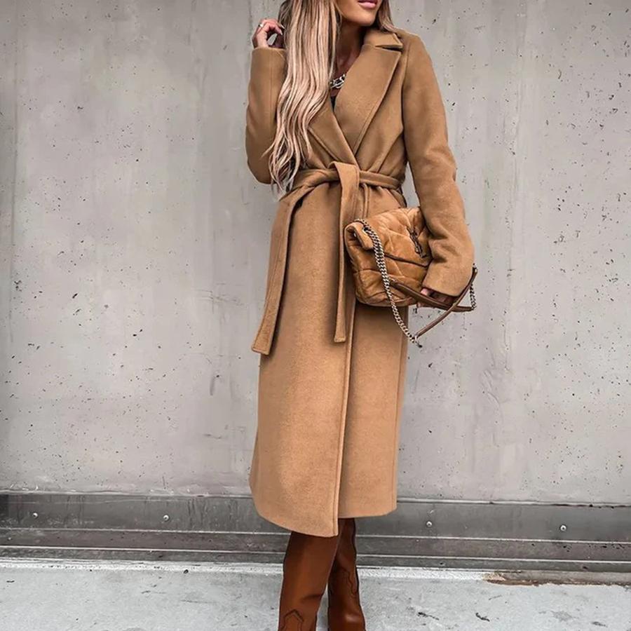 

Independent Website Wish Amazon Bestseller Autumn Winter Simple Long Sleeve V-Neck Ribbon Wool Coat Top for Women 3XL