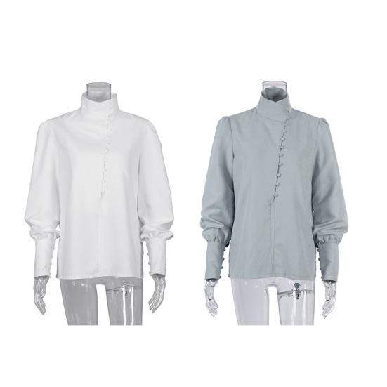 Yousheng Women Shirt Long Sleeve Stand-Up Collar Regular Fit Casual Shirt Buttons Half Placket Pure Color Office Lady Tops