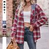 Women Oversized Plaid Flannel Hooded Long Sleeve Casual Shirt Jacket