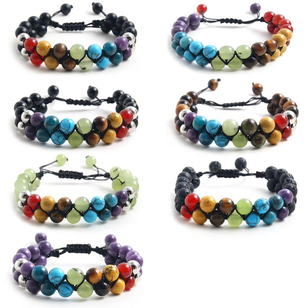 Seven-Color Stone Beaded Bracelet: Agate, Yellow Tiger Eye, Double-Layer Adjustable Woven Rope.