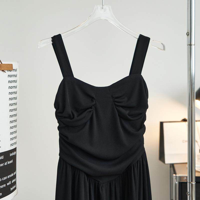 Hepburn Style Suspender Dress Black Women's Summer French Wide Shoulder Strap Skirt Waist Thin Big Swing Dress Women