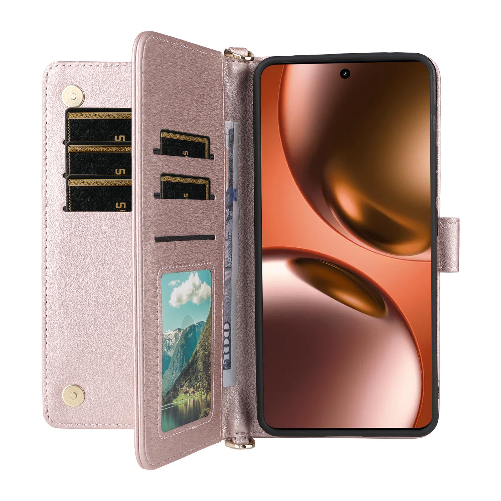

For Realme GT 7 5G Case with Shoulder/Wrist Strap Leather Phone Cover Stand Wallet Rose