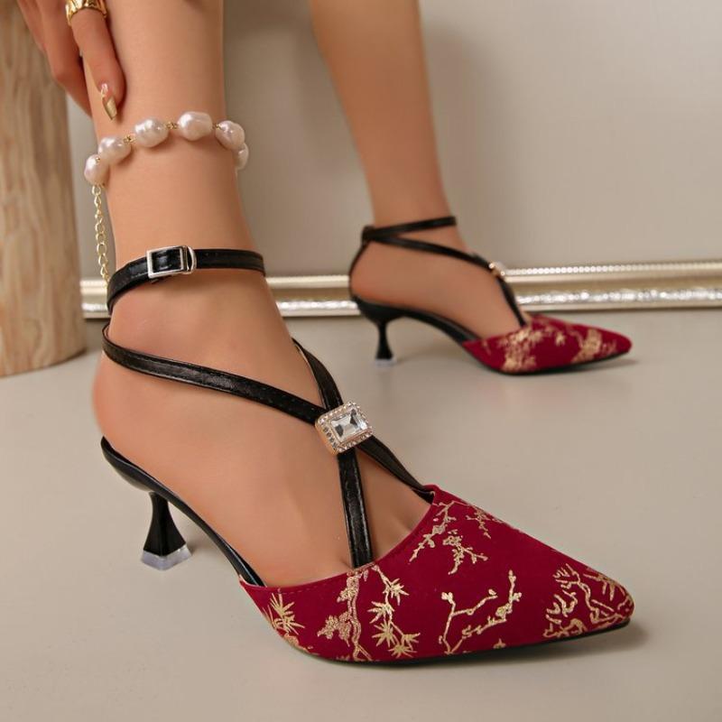 Women's Chinese Style Closed Toe T-Strap Stiletto Heels, Printed Denim Summer Dress Sandals