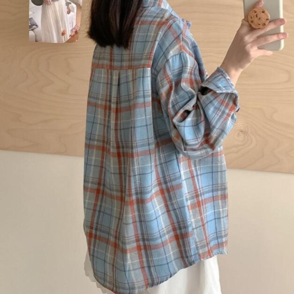 Retro Plaid Shirt Plain Tops Spring Autumn Lapel Long Sleeve Shirts Women Chic Loose Blouse Asian Size
