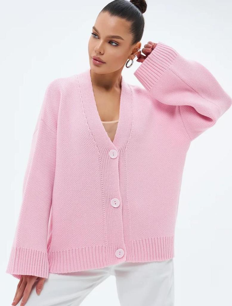 Women's Pink Thick Knit Cardigan - European & American Style