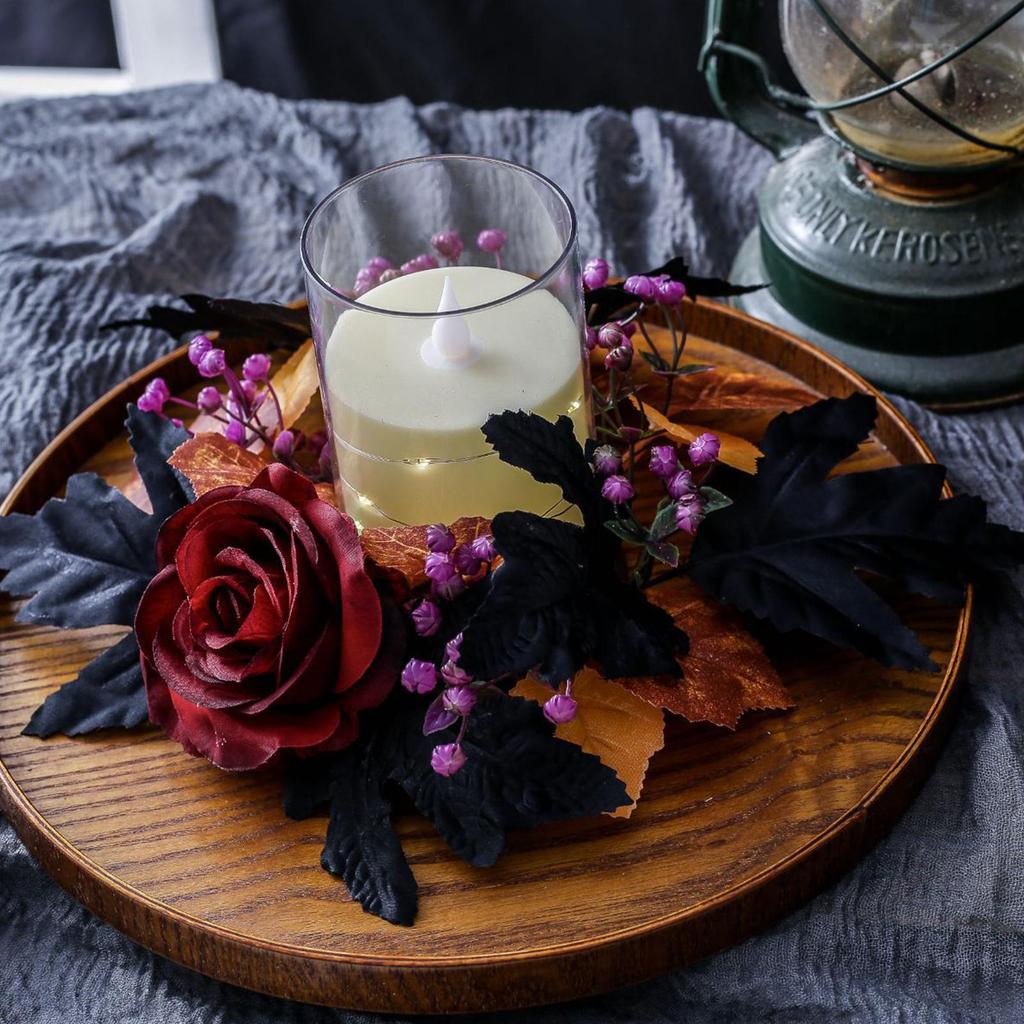 Halloween Candle Ring Fake Flower Candle Wreath Ring Realistic 3 Inch Center Tabletop Decoration For Festive Holiday Mantel