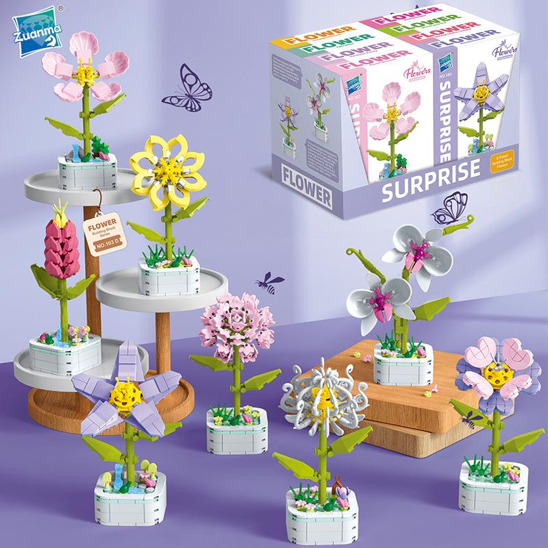 Kids' Educational Interlocking Building Blocks - Flower Potted Plant (Rose & Epiphyllum) Compatible with Top Building Block Models