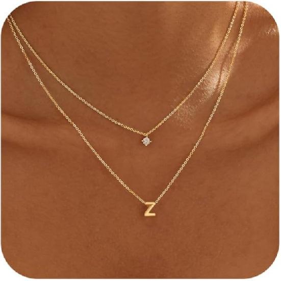 Layered Initial Necklaces for Women, 14k Gold Plated Letter Necklace Set Dainty Gold Initial Necklace Stack Cute Layering Choker Necklaces for Women Z