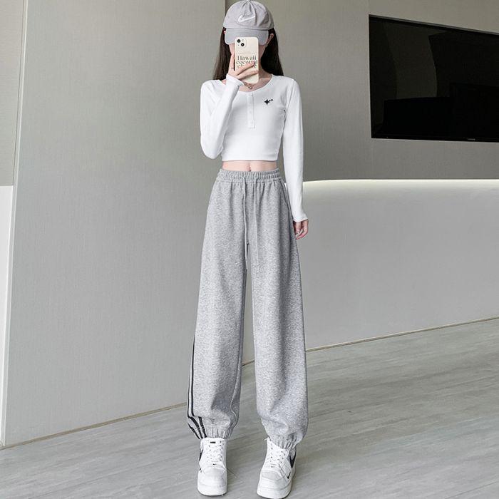 

Женские серые спортивные штаны с высокой посадкой: Свободный крой, Приталенный, Маленький, Повседневный с боковой полосой, Дизайн «гарем» с манжетами для весны и осени. XL