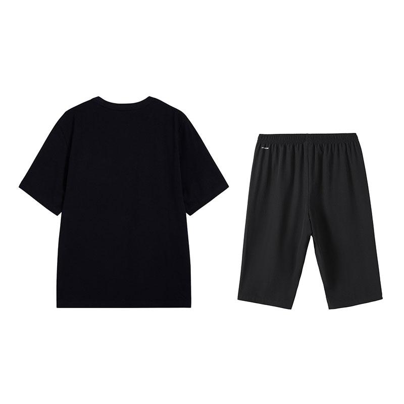 Li-Ning Summer Versatile Short Sleeve T-Shirt Comfortable Casual Three-Quarter Pants Sports Set Men Sets Black W877-1+W025-1