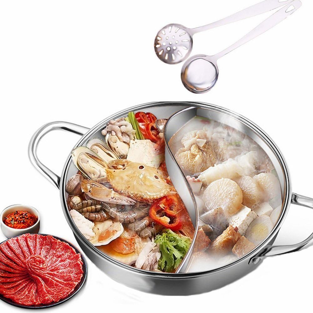 Yuanyang Hot Pot with Divider Stainless Steel Pot for Electric Induction Cooktop Gas Stove (36 CM 21 OZ Include 2 Pot Spoons)