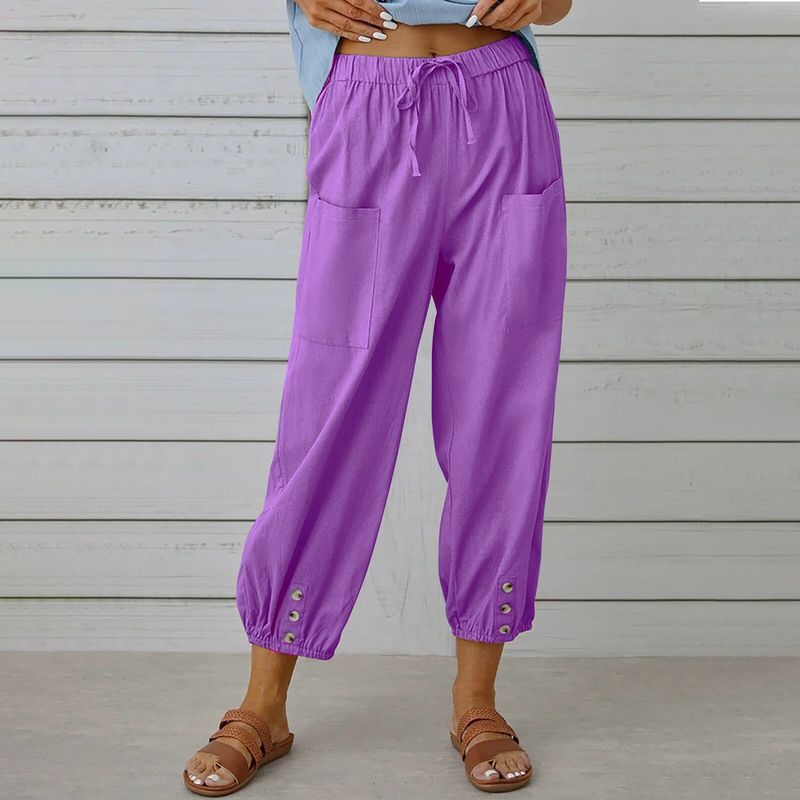 2025 New European and American Cross-Border Amazon Wish Loose High-Waisted Buttoned Cotton-Linen Cropped Wide-Leg Women's Pants