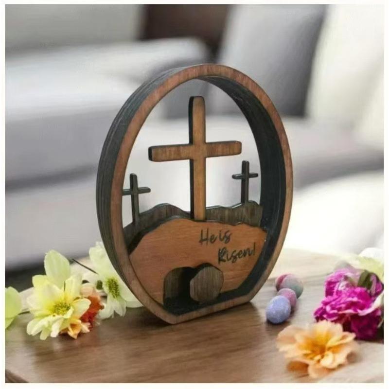 1pcs Easter Multi-Layer 3D Wooden Cross Decor Home Office Desktop Ornament Easter Egg Craft Decoration