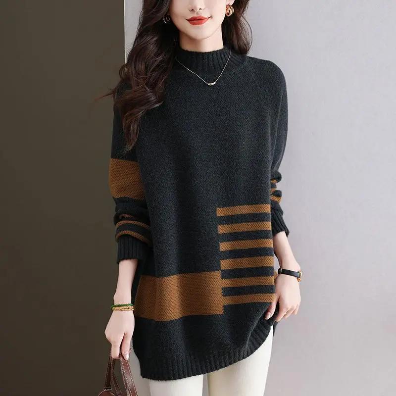 Autumn Winter Mid-length Sweater Loose Color-blocking Inner Knitted Base Shirt