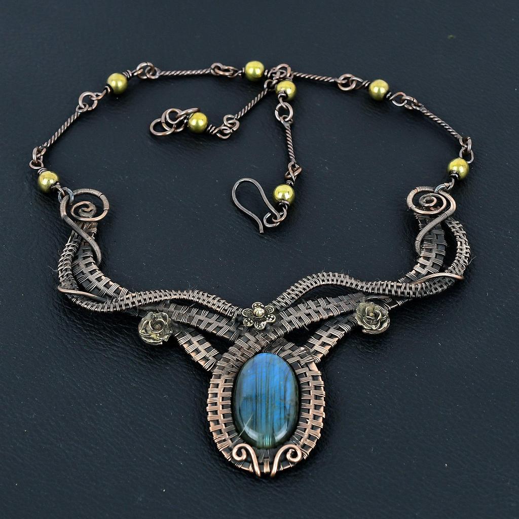 Labradorite Necklace Handmade Jewelry, 999 Copper Wire Wrapped Necklace Designer Gemstone Jewelry Adjustable Chain Necklace Gift For Mom