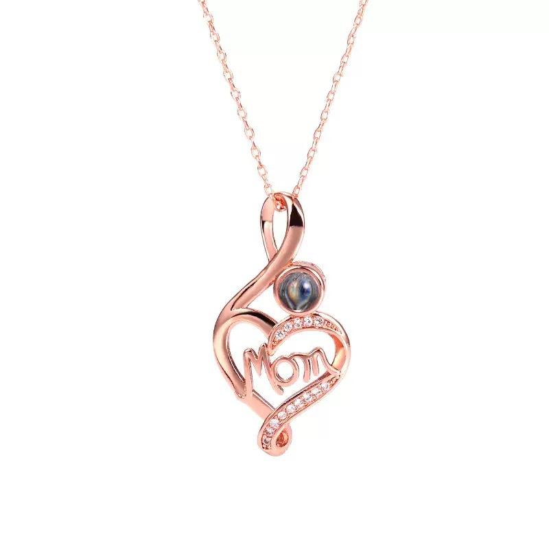 Diamond Set One Hundred Languages MOM Heart Projection Necklace Clavicle Chain