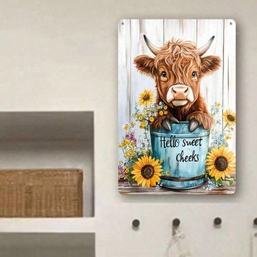 Vintage Metal Poster Highland Cow Flowers Wall Art