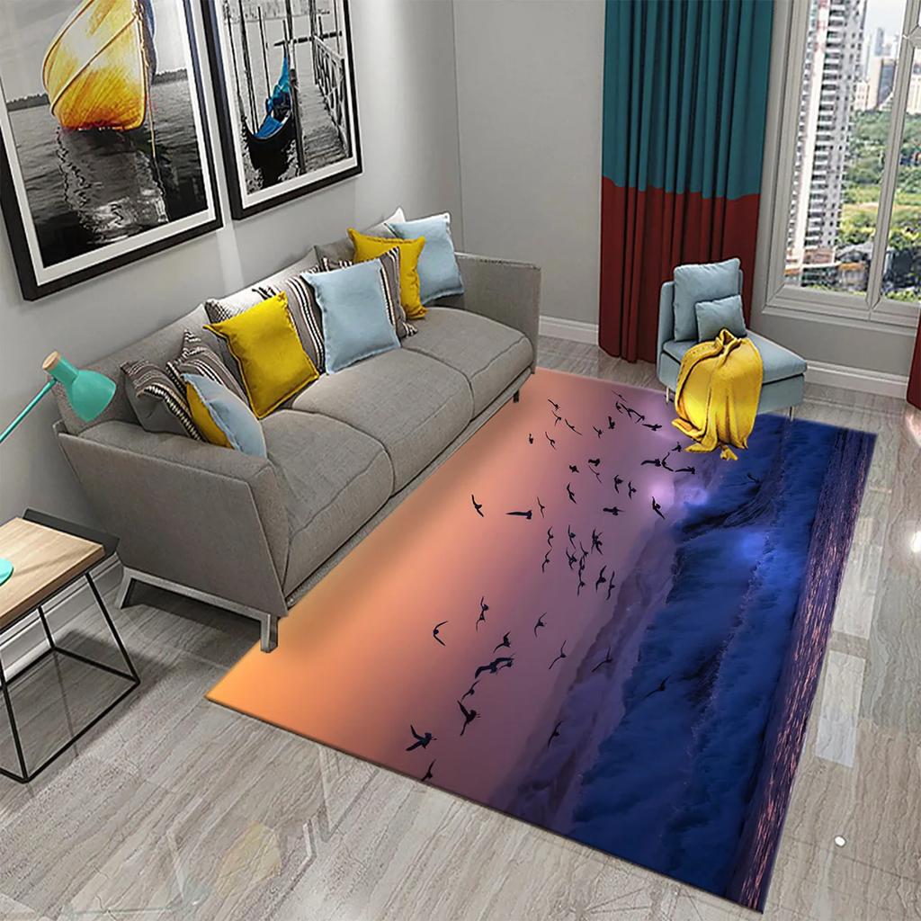3D Migratory Birds Carpet Sunset Seaside Birds Rugs for Kitchen Bathroom Anti-Slip Carpet Living Room Bedroom Floor Decor Mats