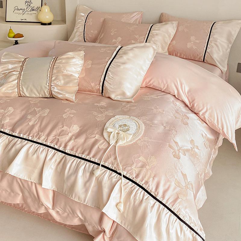 Silk Bedding Set Four-piece Set Cool Feeling Ice Silk Lace Skin-friendly Comfortable and Breathable Washed Quilt Cover Bed Sheet Pillowcase