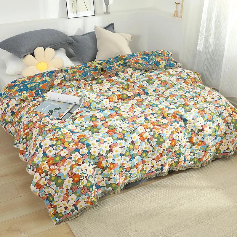 Nordic throw blanket for beds pastoral flower cotton sofa blanket cover sofa towel summer cool quilt gauze soft bedspread sheet