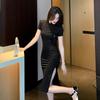 Feeling retro new Chinese style improved cheongsam women's summer black split-ended hip skirt national style fringed disc buckle dress