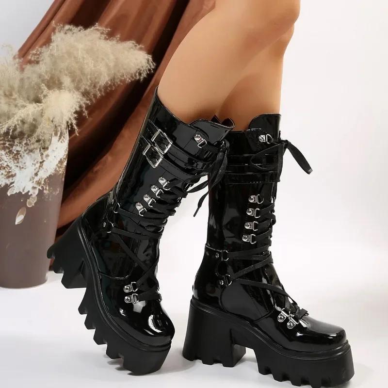 Fashion Winter 2025 New Women's Fashion Mid Tube Boots Lace Up High Platform Wedge Boots New Women's Fashion Solid Color Boots