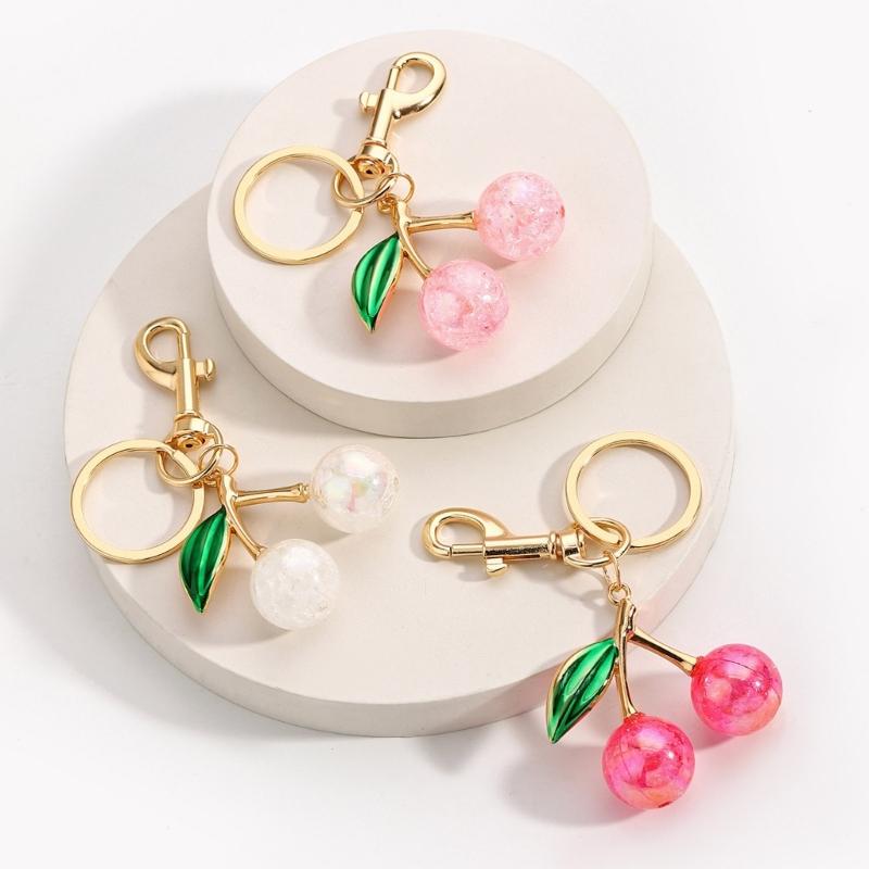 Sophisticated Resin Cherry Bag Charm with Glitter Key Ring Clip Stylish Metal Keychain Pendant Accessory for Purses