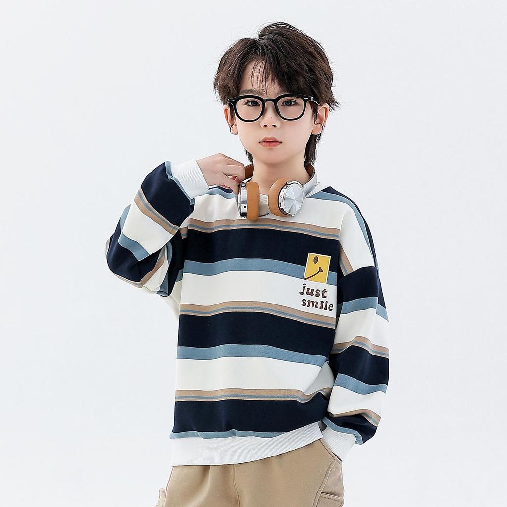 Boys' Fleece-Lined Striped Crewneck Hoodie - 2025 Autumn/Winter, Thick Long-Sleeve, Fashionable for Older Children