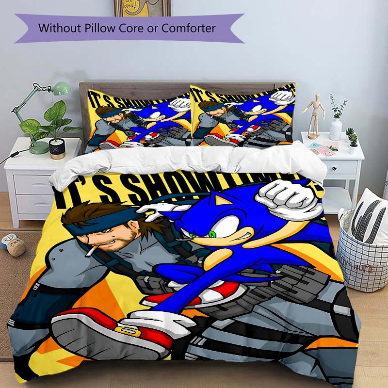 

3pcs Sonic vs Metal Gear Solid Character Pattern Bedding Set, 1* Cover + 2*Pillowcases, Printed Bedding Set, Soft and Comfortable, Suitable 135x200cm
