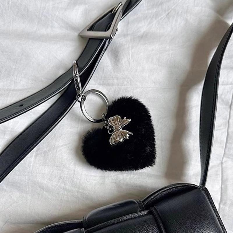 Delicate Bowknot Pendant Keychain Plush Heart Shape Keyring Stylish Phone Antilost Lanyard Decorations for Bag Backpack