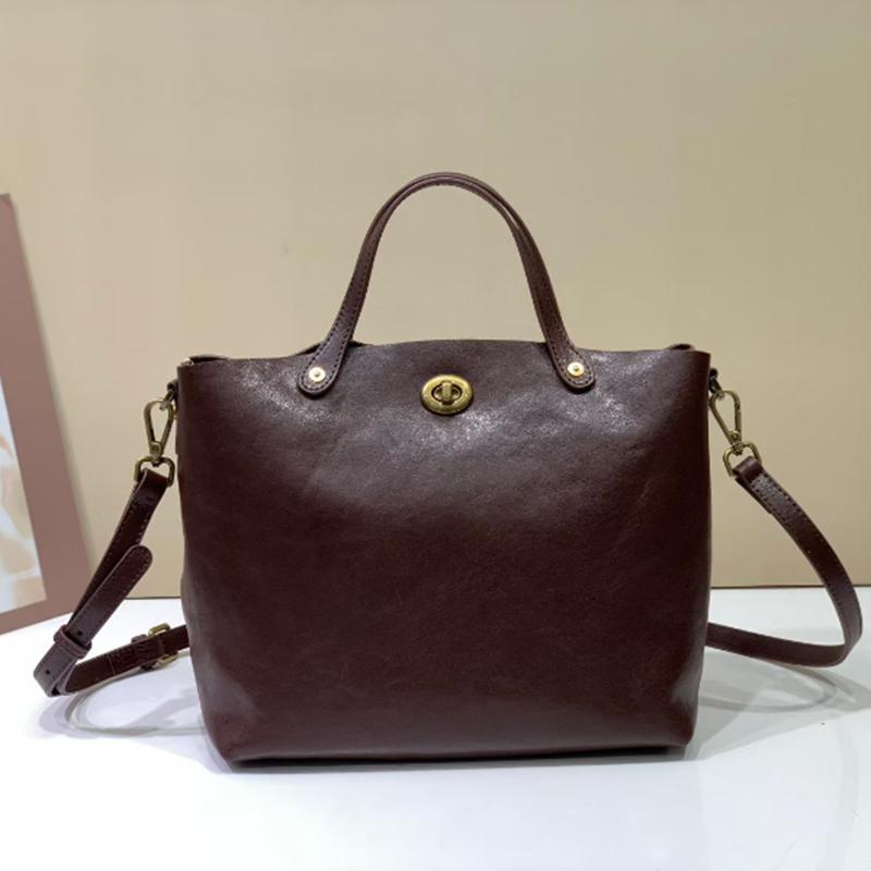Vintage Genuine Leather Tote Bucket Bag Luxury Top-grain Cowhide Vegetable-tanned Crossbody Bag For Commuting Versatile Shopper