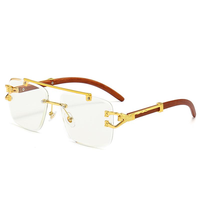 

Classic Vintage Rimless Square Leopard Head Sunglasses Women Men Fashion Luxury Brand Designer Travel Wooden Metal Sun Glasses as the photo