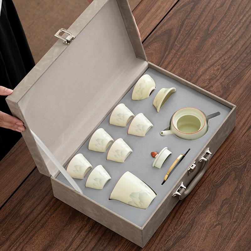 Ru Kiln Ancient Rhyme Kung Fu Tea Set Household Light Luxury High-end Ceramic Cover Bowl Teapot Teacup Complete Set High-end Gift Box