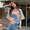 Damen Tie-Dye-Kurzarm-T-Shirt, Sommer-Design-Sinn-Nischen-Kurzschluss-Nabel-Kurz-Sweet-Girl-Top, trendiges K-Pop-Schulmädchen-Kurz-Top
