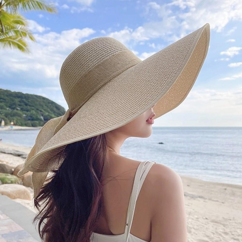 Oversize Straw Sun Hat Bowknot Ribbon Sun Protection Hat Fashion Weave Sun Cap  Seaside