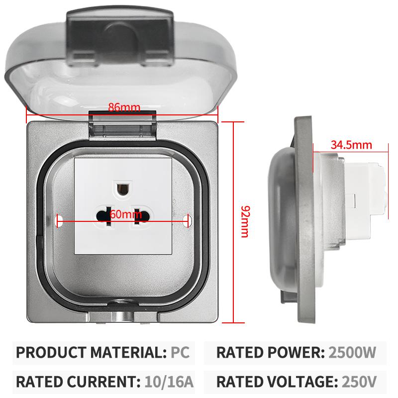 IP65 Waterproof Outdoor Socket, 16A High Power Wall Plate, 250V US/Thai Style 10A Receptacle, Bathroom & Weatherproof Electrical
