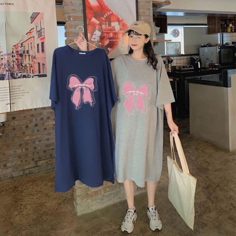 

Весняно-літня сукня для вагітних з короткими рукавами, вільна, щоб прикрити живіт, сукня-майка середньої довжини з розрізом вище коліна XL Темно-синій