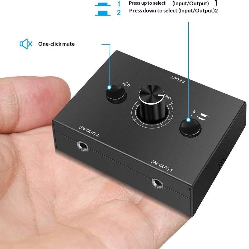 Switch Audio Stereo a 3,5 mm a 2 Vie Bidirezionale Splitter Box 2 In 1 Out 1 In 2 Out Con Pulsante Mute