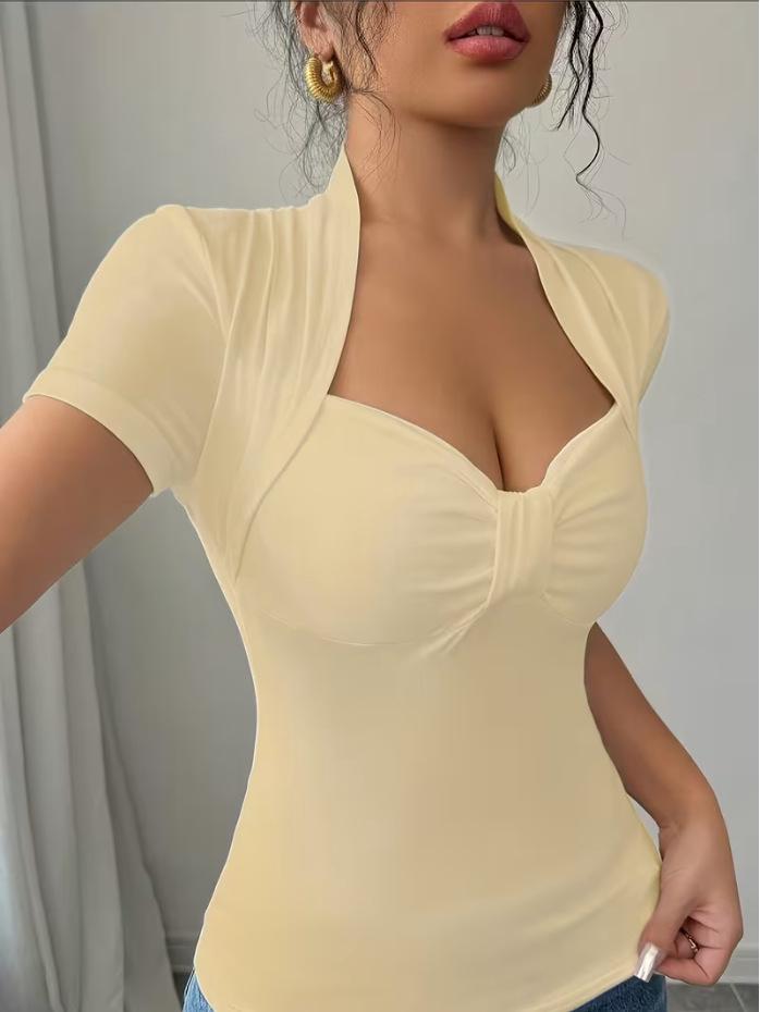 European Women's V-Neck Knit Top - Pure Desire Style, Short Sleeve T-shirt, 2025 Collection.