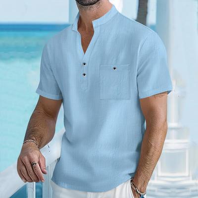 Men's Stand Up Collar Short Sleeved T-shirt Male Cotton and Linen  Casual Top Comfortable Breathable Casual Henry's Shirt