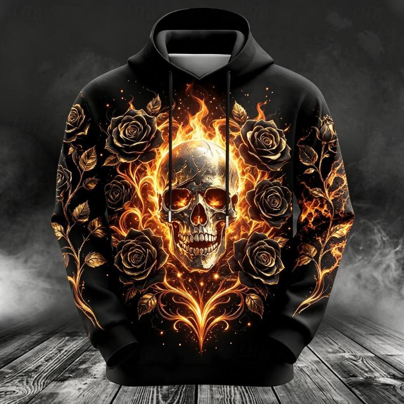 Men's Gothic Skull Purple Rose Full Print Hoodie Halloween Long Sleeve Drawstring Hooded Sweatshirt For Party Streetwea