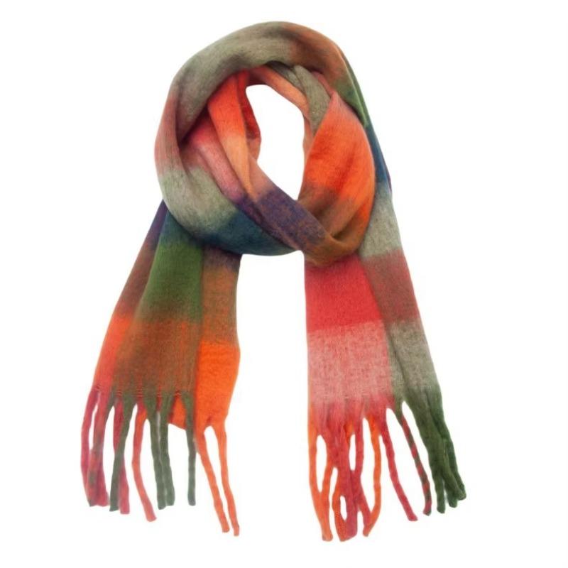 Winter Yarn Thicken Style Luxury Multicolour Plaid Faux Mohair Scarf Women Tassel Long Ring