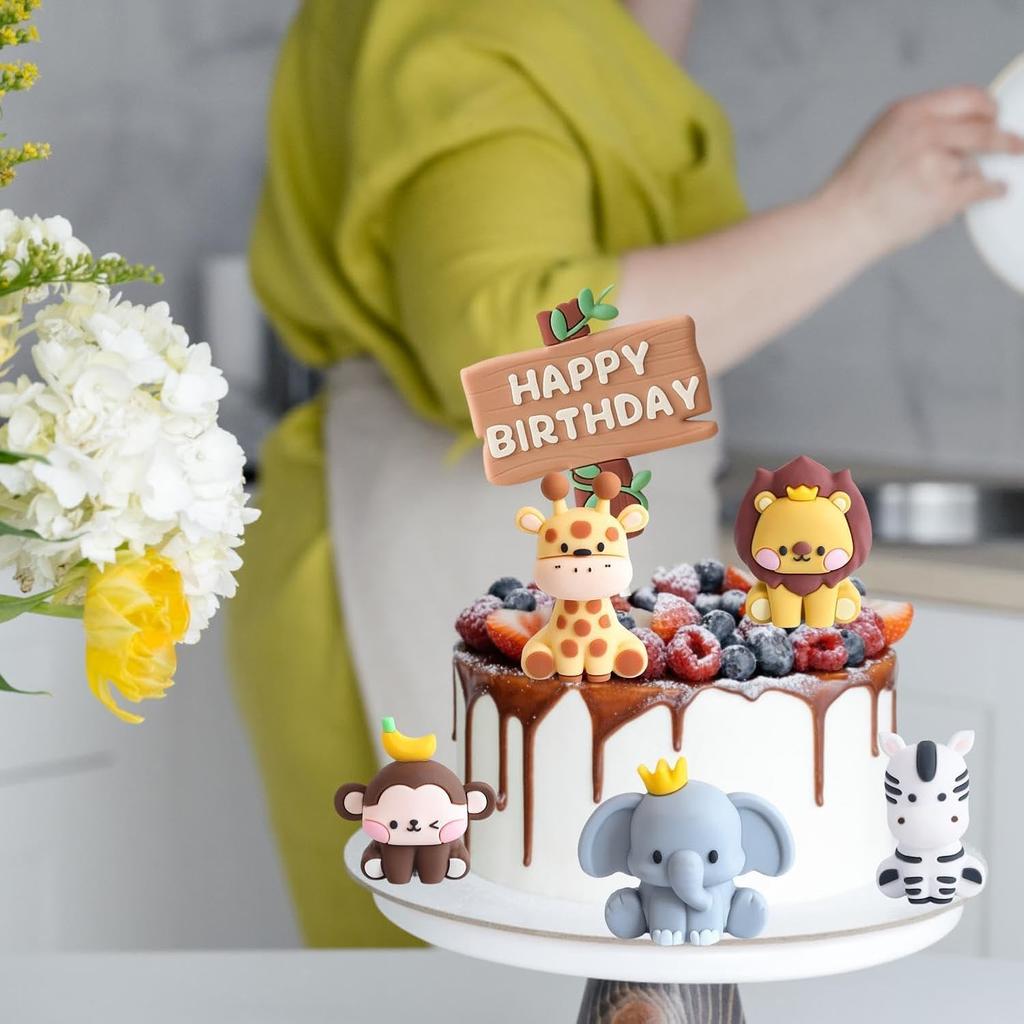 Safari Zvířátka Toppery na Dort - Džungle Divoké Dekorace na Dort s Lvem, Žirafou, Slonem a Opicí pro Divokou Džungli Tématickou Párty