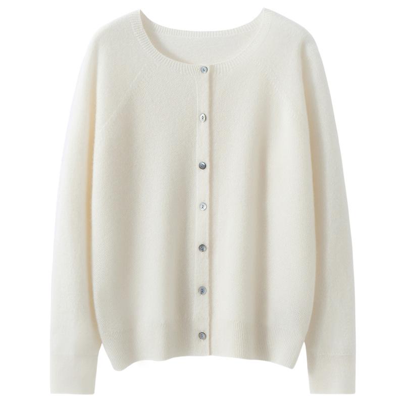 2026 Autumn/Winter Women's Pure Cashmere Round Neck Loose Knit Cardigan Sweater, Solid Color, Long Sleeve.